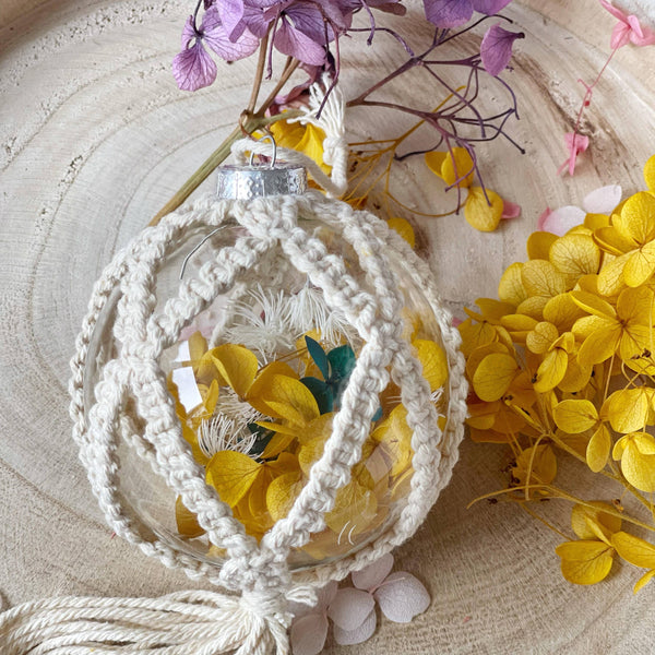 Floral Macrame Christmas Baubles - Yellow